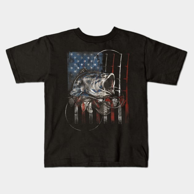 Fishing American Flag Vintage Usa Bass Fisherman Gift Kids T-Shirt by Jannysingle